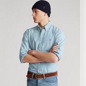 Ralph Lauren Mens Denim Button Down Shirt Light Wash Chambray Size L Classic Fit